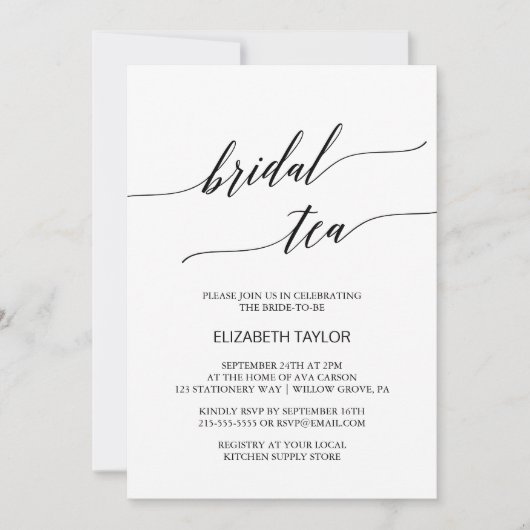 Elegante Black Calligraphy Bridal Tea Einladung (Vorderseite)