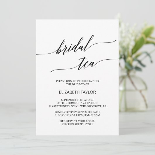 Elegante Black Calligraphy Bridal Tea Einladung (Stehend Vorderseite)