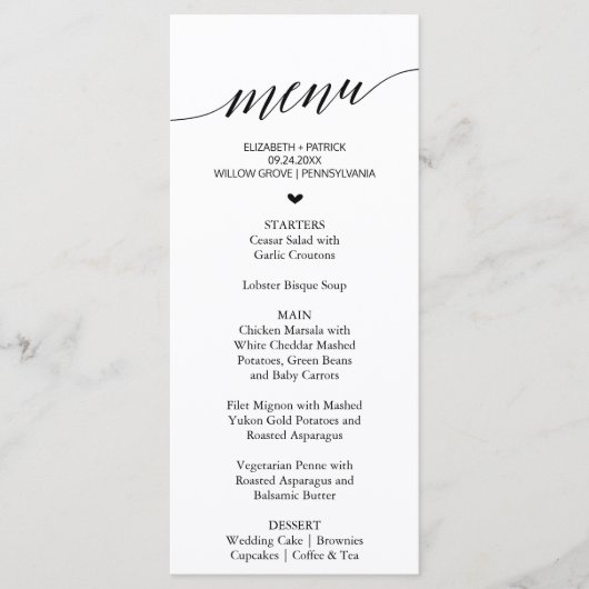 Elegante Black Calligraphy Heart Dinner Menu Karte (Vorderseite)