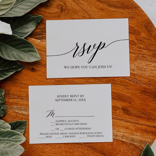 Elegante Black Calligraphy Menü Auswahl RSVP Karte