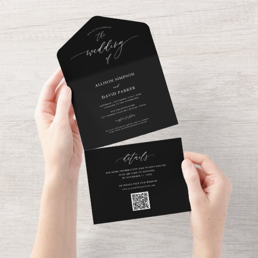 Elegante Black Calligraphy QR Code Hochzeit All In One Einladung (Abreißen)
