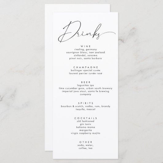 Elegante Black Calligraphy Script Wedding Drinks Menükarte (Vorne/Hinten)
