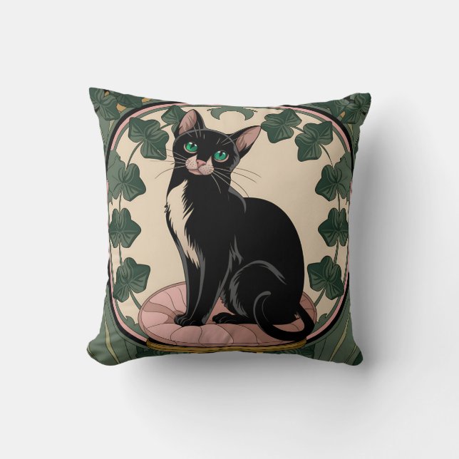 Elegante Black Cat Art Nouveau Kissen (Vorderseite)