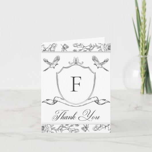 Elegante Black Chinoiserie Bird & Wappen Wedding Dankeskarte (Vorderseite)