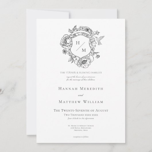 Elegante Black Chinoiserie Bird & Wappen Wedding Einladung (Vorderseite)