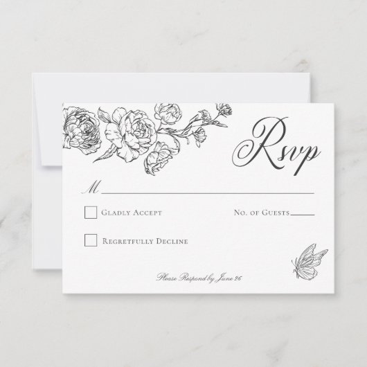 Elegante Black Chinoiserie Bird & Wappen Wedding RSVP Karte (Vorderseite)