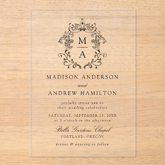 Elegante Black Chinoiserie Viktorianische Blumenho Acryleinladungen (Vorderseite)