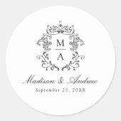 Elegante Black Chinoiserie Wappen Monogram Wedding Runder Aufkleber (Vorderseite)