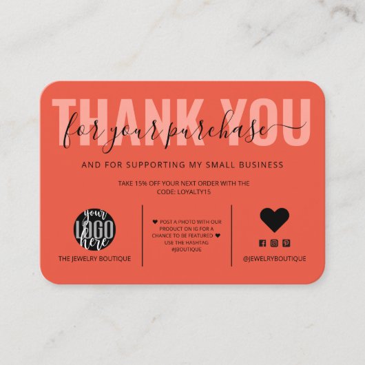Elegante Black Coral Script Logo Kunde Vielen Dank Visitenkarte (Vorderseite)