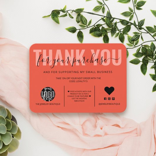 Elegante Black Coral Script Logo Kunde Vielen Dank Visitenkarte