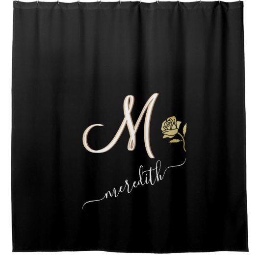 Elegante Black Custom Monogram Name Rose Duschvorhang (Vorderseite)