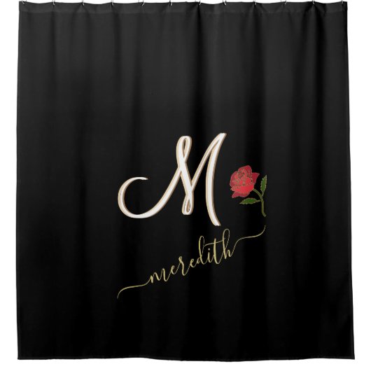 Elegante Black Custom Monogram Name Rote Rose Duschvorhang (Vorderseite)
