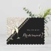 Elegante Black,Damask Bridesmaid Card Einladung (Stehend Vorderseite)
