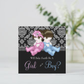 Elegante Black Damask Gender Reveal Dusche Einladung (Stehend Vorderseite)