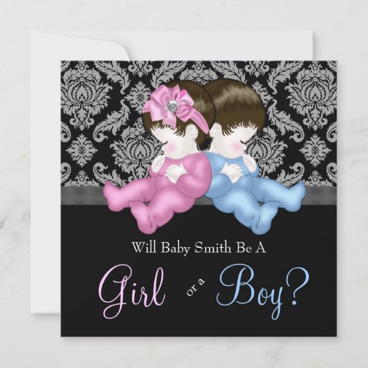 Elegante Black Damask Gender Reveal Dusche Einladung (Vorderseite)