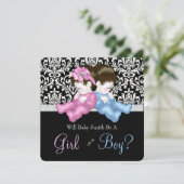 Elegante Black Damask Gender Reveal Dusche Einladung (Stehend Vorderseite)