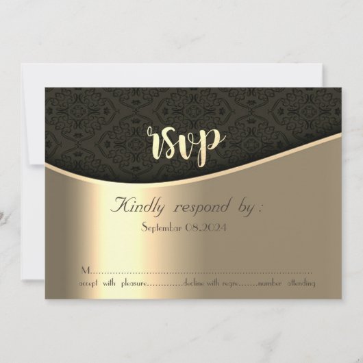 Elegante Black Damask Gold RSVP-Karte Einladung (Vorderseite)