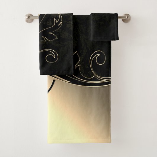 Elegante Black Damask Gold Wirbel Badhandtuch Set (Insitu)