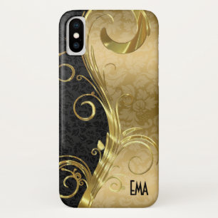 Elegante Black Damask Gold Wirbel iPhone X Hülle