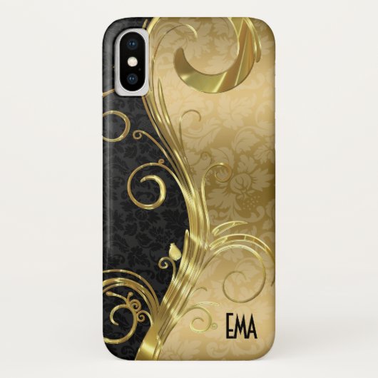 Elegante Black Damask Gold Wirbel Case-Mate iPhone Hülle (Rückseite)