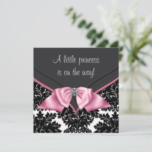 Elegante Black Damask Princess Baby Dusche Einladung (Stehend Vorderseite)