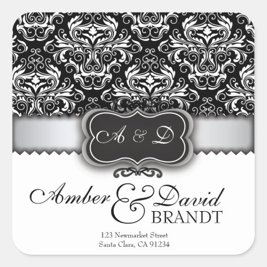 Elegante Black Damask und Silberhochzeit Quadratischer Aufkleber (Vorderseite)