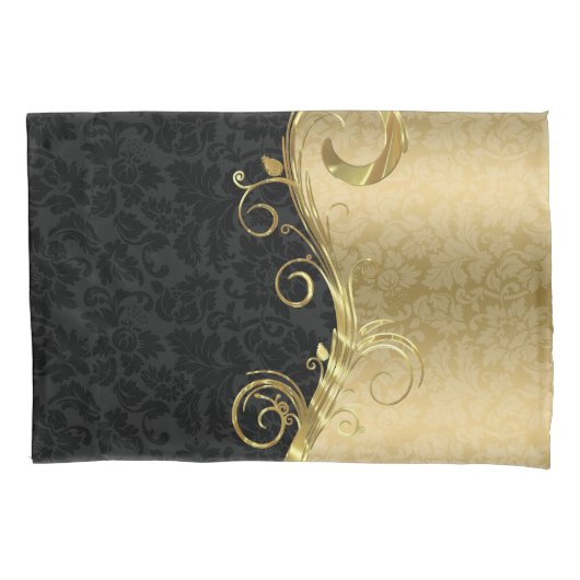 Elegante Black Damaskas Gold Wirbel Kissenbezug (Vorderseite)