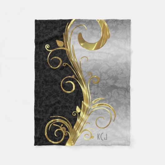 Elegante Black Damasks Gold & Silver Wirbel Fleecedecke (Vorderseite)