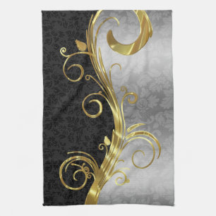 Elegante Black Damasks Gold & Silver Wirbel Handtuch