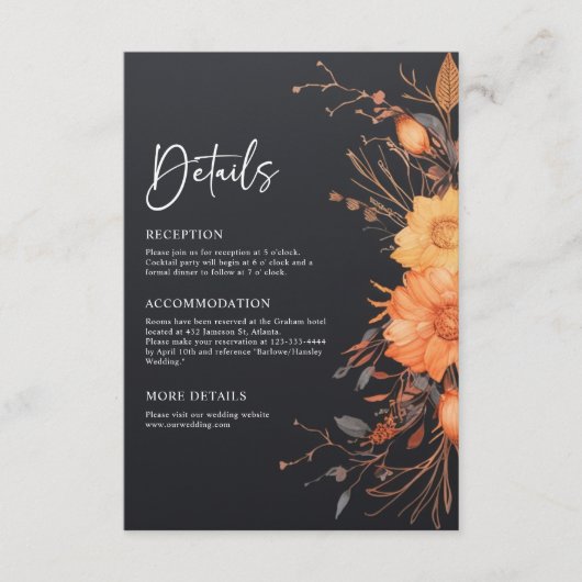 Elegante Black Fall Floral Wasserfarbenhochzeit Begleitkarte (Vorderseite)
