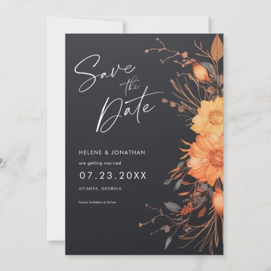 Elegante Black Fall Floral Wasserfarbenhochzeit Save The Date (Vorderseite)