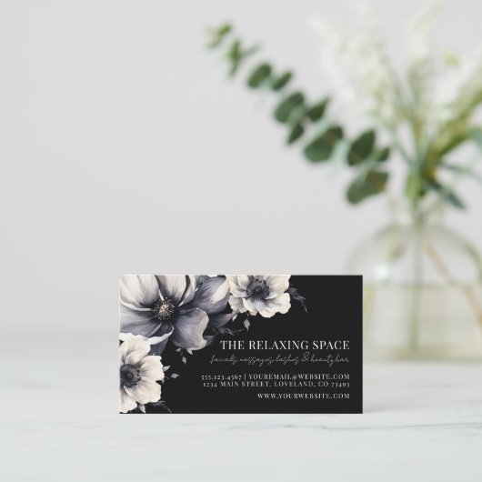 Elegante Black Floral Erinnerung Card Visitenkarte (Stehend Vorderseite)