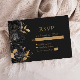 Elegante Black Floral Gold Dunkle Hochzeit RSVP Karte