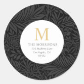 Elegante Black Floral Gold Monogram Rücksendeadres Runder Aufkleber (Vorderseite)