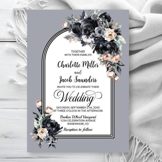 Elegante Black Floral Gray Arch Wedding Einladung