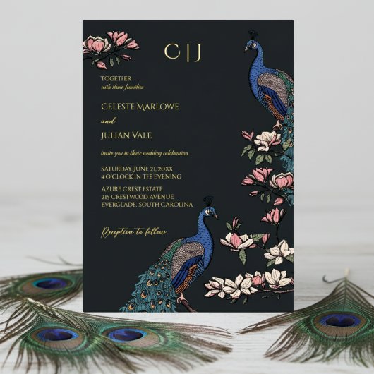 Elegante Black Floral Peacock Wedding Folieneinladung