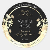Elegante Black Floral Product Packaging Labels Gol Runder Aufkleber (Vorderseite)