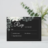 Elegante Black Floral RSVP Karte mit weißer Lilie (Stehend Vorderseite)