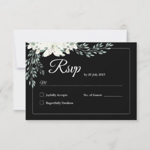 Elegante Black Floral RSVP Karte mit weißer Lilie