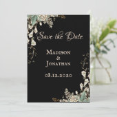 Elegante Black Floral Script Hochzeit Save The Date (Stehend Vorderseite)