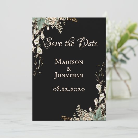 Elegante Black Floral Script Hochzeit Save The Date (Stehend Vorderseite)