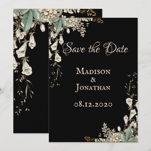 Elegante Black Floral Script Hochzeit Save The Date (Vorne/Hinten)
