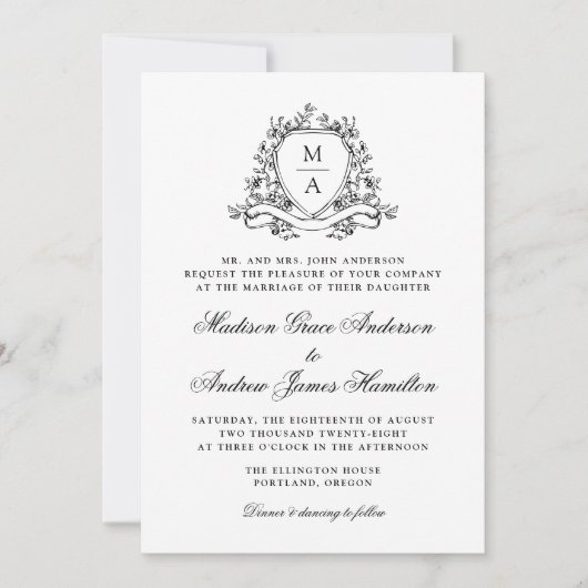 Elegante Black Floral Wappen Monogram Wedding Einladung (Vorderseite)
