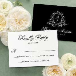Elegante Black Floral Wappen Monogram Wedding RSVP Karte