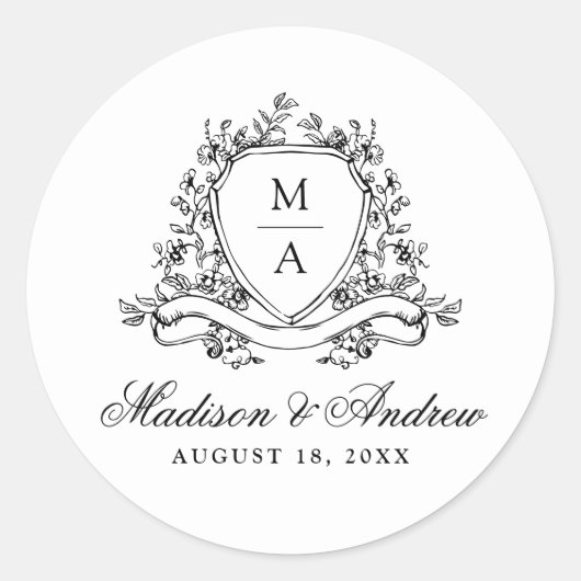 Elegante Black Floral Wappen Monogram Wedding Runder Aufkleber (Vorderseite)
