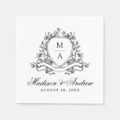 Elegante Black Floral Wappen Monogram Wedding Serviette (Vorderseite)
