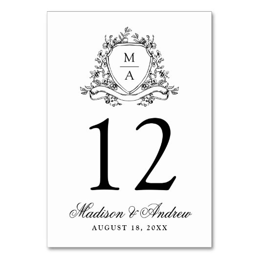 Elegante Black Floral Wappen Monogram Wedding Tischnummer (Rückseite)
