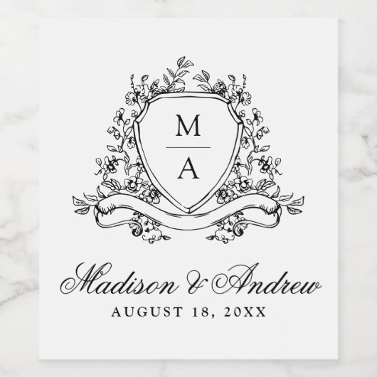 Elegante Black Floral Wappen Monogram Wedding Weinetikett (Einzelnes Label)