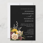 Elegante Black Floral Wedding Einladung (Vorderseite)