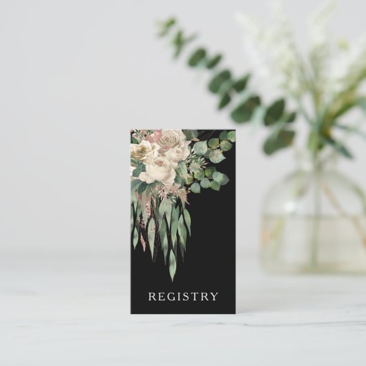 Elegante Black Floral Wedding Registry Begleitkarte (Stehend Vorderseite)